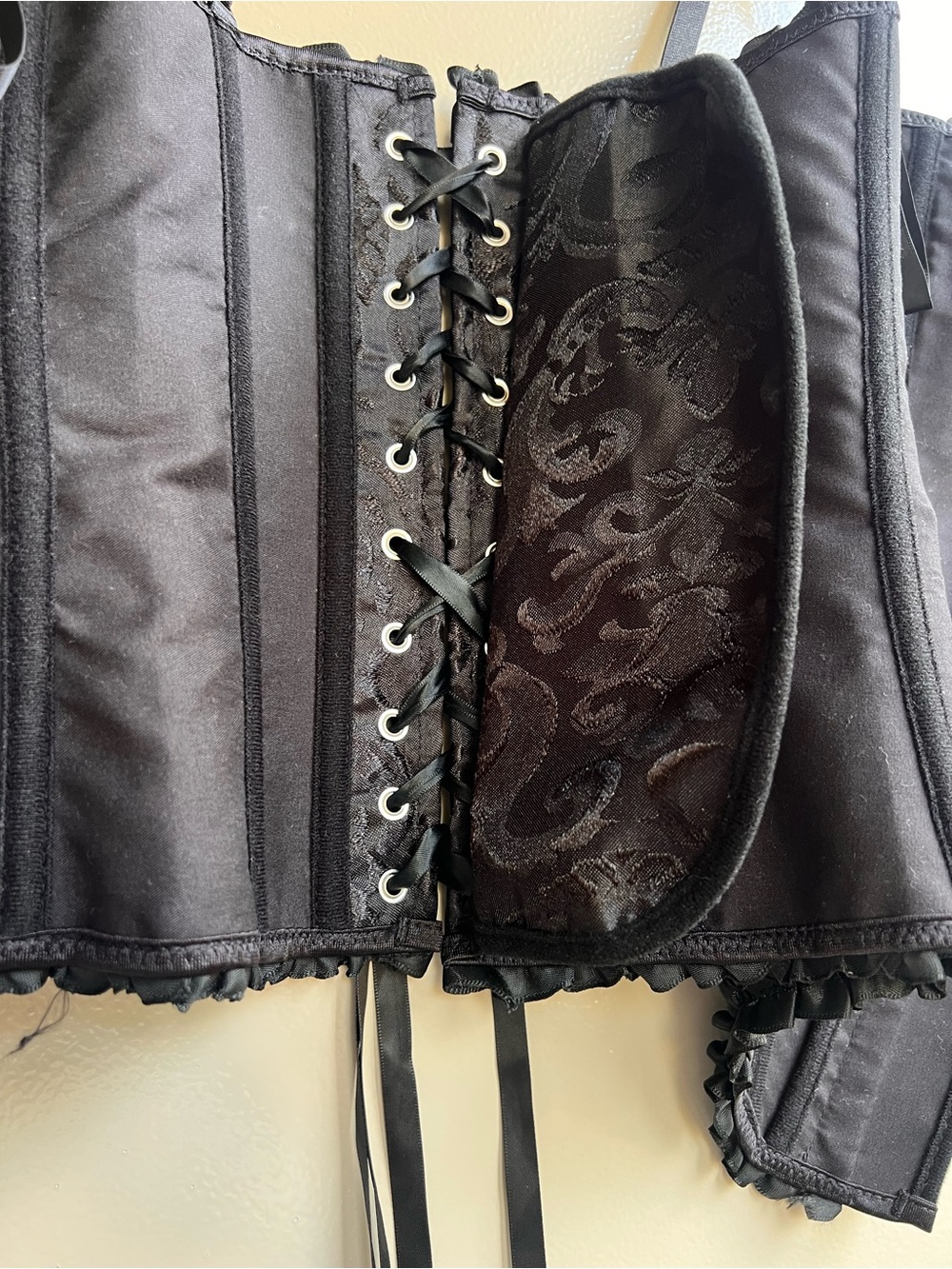 Gothic Black Brocade Corset XS Romantic Top Adjustable Lace Up Bustier Festival - Picture 14 of 16